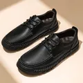Chaussures décontractées en cuir noir pour hommes avec semelle souple et couture à la main - 38 / Noir