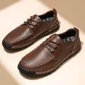 Chaussures décontractées en cuir marron pour hommes avec coutures main et lacets durables - 38 / Brun Foncé