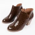 Stylish brown crocodile pattern chunky heel ankle boots with round toe and side zipper - US11 / Crocodile Pattern Style / Coffee
