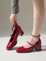 Side view of red patent leather Mary Jane shoes with square toe and chunky block heel - 36 / Red