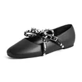 Detail of black leather ballet flats with silver studded bow and buckled straps - 6 / Black
