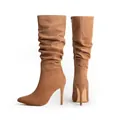 Elegant tan faux suede slouchy tall boots featuring pointed toe and high stiletto heels - US6 / Brown