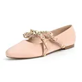Pink round toe flat shoes with gold studs and buckle detail side view - 6 / Nude
