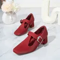 Close-up detail of red Mary Jane shoes with chunky heel and silver T-strap buckle - 7 / Red