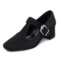 Elegant black Mary Jane shoes featuring a T-strap design and a stable chunky heel. - 6 / Black