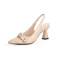 Close-up of nude croc-embossed slingback heels with pointed toe and buckle detail - 6 / Apricot