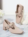 Chic beige Mary Jane pumps with chunky heels and adjustable T-strap buckle - 7 / Apricot