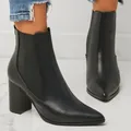 Elegant black pointed-toe block heel Chelsea boots for women, stylish autumn winter footwear - US5 / Black