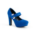 Elegant blue faux suede Mary Jane platform pumps with chunky high heels for women - Sapphire Blue