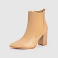 Elegant nude pointed-toe ankle boots with chunky wooden heel and elastic side panel - Apricot