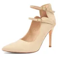 Detailed side view of elegant beige suede pointed stiletto pumps with double ankle straps - 6 / Apricot
