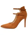 Side view of brown suede pointed toe stiletto heels with double ankle straps - 6 / Brown