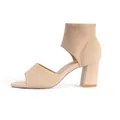 Side view of beige breathable fly-knit block heel sandals with open-toe design. - Apricot / US5