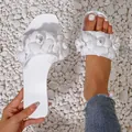Stylish white flat jelly beach sandals featuring elegant 3D decorative flowers on strap - 36 / White
