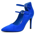 Elegant cobalt blue suede pointed toe stilettos with double ankle straps and buckles. - 7 / Blue