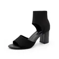 Elegant black flyknit open-toe sandals featuring a stable block heel and breathable fabric - US5 / Black
