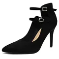 Elegant black pointed toe stiletto heels with double ankle straps and silver buckles - 7 / Black