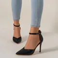Elegant black pointed-toe stiletto pumps with ankle strap and D'Orsay style for banquet - US5 / Black