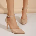 Elegant nude pointed-toe high heel sandals with an adjustable ankle strap and stiletto heel - US7 / Apricot