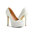 Close-up of white lace platform stiletto pumps featuring high heels and round toes. - US5 / White