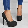Elegant black suede platform stiletto pumps featuring a round toe and tall heels for women - US5 / Black