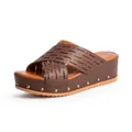 Women's brown wedge sandals with cross-strap laser-cut design and decorative metal studs - 36 / Coffee
