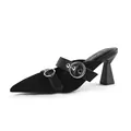 Side view of black pointed-toe mesh mule with metallic buckle straps and block heel - 6 / Black