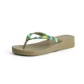 Olive green women's platform flip flops with colorful beaded straps side profile view. - 36 / Olive Green