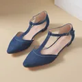 Elegant pointed toe T-strap flat shoes crafted from blue denim fabric with buckle. - 8.5 / Blue