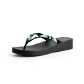 Detailed side view of platform flip-flops featuring intricate colorful beaded straps. - 36 / Black