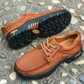 Ademende bruine herenschoenen van rundleer voor outdoor en vrije tijd in de zomer - Light Brown Hollow Out