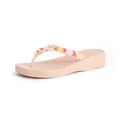 Side view of stylish peach platform wedge flip-flops featuring colorful beaded straps. - 36 / Apricot
