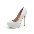 Elegant white floral lace platform high heels for wedding bridal and formal parties - US5 / White