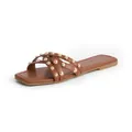 Stylish brown flat sandals for women featuring elegant gold rivet studs and square toe design. - 36 / Brown