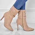 Elegant apricot suede pointed toe stiletto ankle boots with slouched design - US11 / Apricot