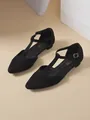 Elegant black suede pointed-toe flats with T-strap and adjustable buckle closure. - 6.5 / Black