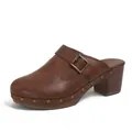 Vintage brown faux leather clogs featuring a sturdy block heel and metallic buckle - US6 / Brown