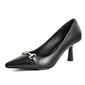 Elegant black pointed-toe stiletto heels with crocodile texture and gold buckle detail. - 35 / Black