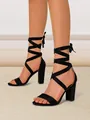 Elegant black suede block heel sandals with stylish cross ankle lace-up design - 5 / Black