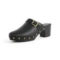 Retro black block heel mule sandals with closed toe gold buckle and stud accents - US11 / Black