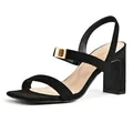 Elegant black suede block heel sandals featuring a square toe and decorative gold buckle - 6 / Black