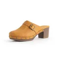 Retro style tan leather mule sandals with decorative rivets and a wooden block heel - US11 / Mocha Brown