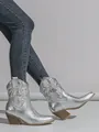 Metallic silver western cowboy boots with embroidered patterns and chunky heels. - 35 / Metallic Silver