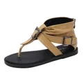 Retro tan leather flat gladiator thong sandals for women with stylish buckle straps detail - 35 / Tan