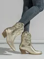 Detailed view of metallic gold western cowgirl boots with embroidery and block heel - 35 / Metallic Gold