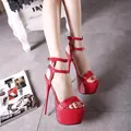 Sexy red patent leather platform high heel sandals with double straps for pole dancing - 38 / Red [16CM]