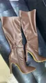 Elegant brown pointed toe stiletto heel boots featuring a convenient side zipper closure - 35 / Brown