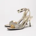 Elegant gold stiletto sandals with glitter strap and buckle closure for evening party. - 38 / Gold Mirror