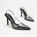 Elegant transparent PVC pointed toe slingback heels with sparkling rhinestone accents. - 35 / Black Satin