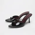 Elegant black patent leather fish mouth stiletto heel mules for women - 35 / Black Mirror